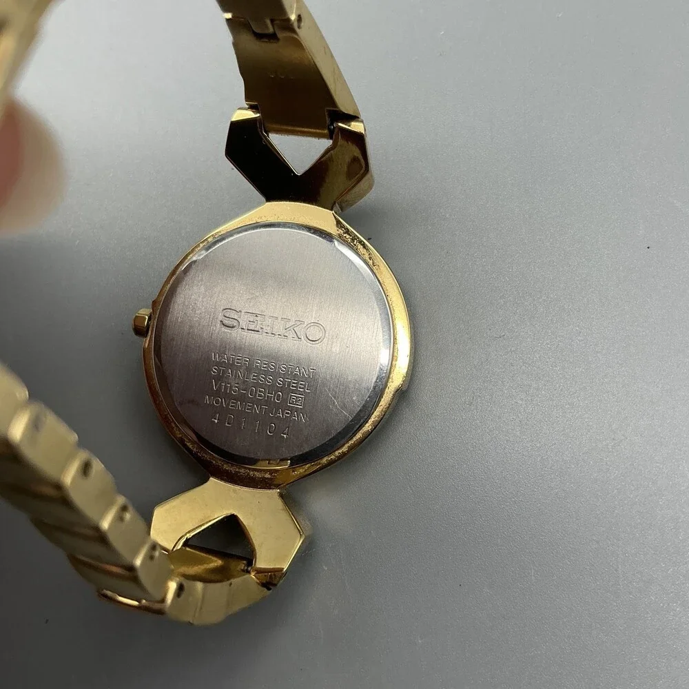 Seiko Solar V115-0BH0 Womens Watch 29mm MOP Dial Gold Tone Crystals 6